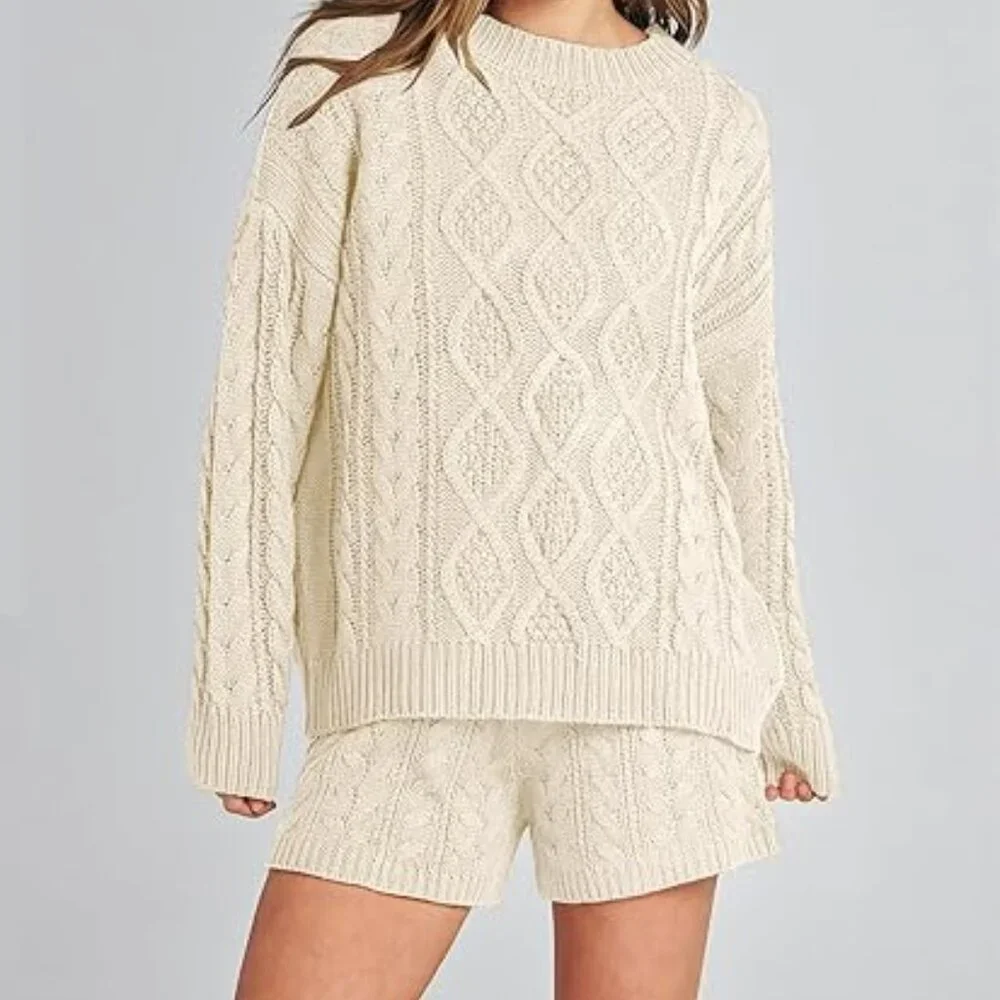 ANRABESS Women's Beige 2 Piece Cable Knit Pullover Sweater and Shorts Large - Picture 1 of 7